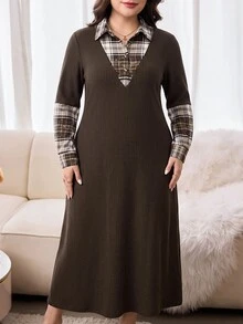 Al Najma Plus Size Women's Patchwork Plaid Collar Long Sleeve Arabian Dress - Multicolor - View 7