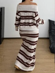 POPSWAY Autumn/Winter Design Cold Shoulder Grey Striped Knit Skirt And Sweater Set Fall Formal Travel Elegant Casual - Multicolor - View 3