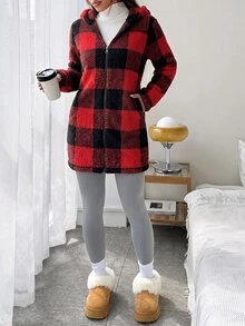 SHEIN EZwear 格子毛絨女款長袖連帽休閒外套 秋冬款 - 紅色 - 查看 3