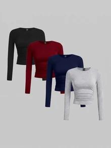 SHEIN EZwear 多色針織女款修身T恤 - 酒紅色 - 查看 1