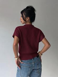 Aloruh Women's Casual Commuting Simple Solid Color Funnel Neck Batwing Sleeve Wide Hem Knit Top - Burgundy - View 2