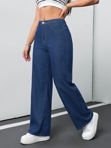 SHEIN Tall CURVE 大尺碼女款寬鬆寬腿休閒百搭牛仔褲，附口袋 - 中等水洗藍 - 查看 7