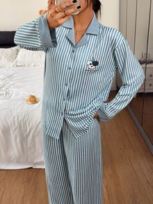 DAZY Women's Striped Single-Breasted Top And Pants Pajama Set - Blue - View 3
