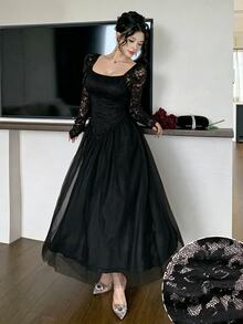 Modelyn French Square Neck Lace Patchwork Long Sleeve Slim Fit Flattering Mesh Elegant Evening Dress For Women - Black - View 5