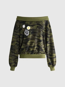 ROMWE Street Life Street Style Camouflage Off-Shoulder Sweatshirt With Badge Decoration For Women - Army Green - View 1
