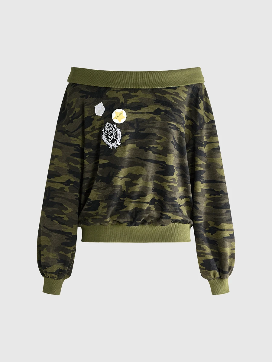 ROMWE Street Life Street Style Camouflage Off-Shoulder Sweatshirt With Badge Decoration For Women - Army Green - View 1