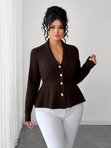 Elenzga Plus Size Women's Solid Color Casual Versatile Daily Cardigan - Coffee Brown - View 3