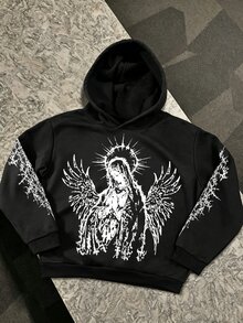 ZURIURI 男士時尚寬鬆版型女神印花咖啡棕色連帽衛衣 - 黑色 - 查看 5