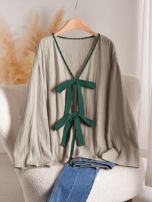 CosyJoli Plus Size Women Front Knot Dropped Shoulder Long Sleeve Loose Casual Shirt Fall - Light Grey - View 1
