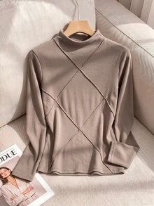 Rusticease Middle-Aged Women's Stitched Long Sleeve Simple T-Shirt For Daily Wear - Brown - View 1
