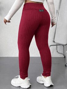 SHEIN EZwear 大尺碼休閒百搭高腰黑色緊身褲，夏季穿搭，女性沙灘穿搭，夏季度假穿搭，度假穿搭 - 酒紅色 - 查看 2