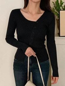 DAZY 女款素色不對稱肩休閒日常開襟衫 - 黑色 - 查看 6