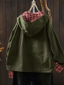 SHEIN LUNE 大尺碼女款長袖前拉鍊連帽寬鬆休閒夾克 - 軍綠色 - 查看 2