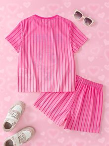 THE POWERPUFF GIRLS X SHEIN Tween Girl Striped Short Sleeve T-Shirt And Shorts Casual Set - Multicolor - View 2