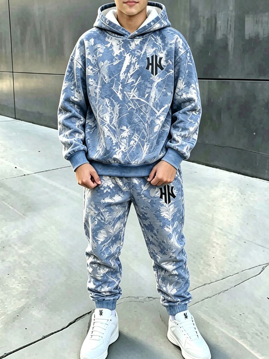 青少年男孩極簡個性化落葉與特殊字母印花休閒連帽衛衣與運動褲套裝，適合戶外穿著與運動，秋冬季 - 彩色 - 查看 1