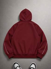 Vacaura American Street Racing Style Line Hooded Jacket, Zipper Hooded Coat, Curved Contrast Stitching Design On Body, Short Loose Fit Flattering And Versatile For All Body Types; Full Zipper Closure For Flexible Styling, Suitable For Daily Wear, Street Style, Spring/Autumn Single Wear, And Early Winter Layering - Burgundy - View 2