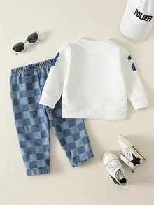 SHEIN 2件組嬰兒男童女童幼童秋冬字母圖案針織軟綿圓領長袖套頭衛衣與牛仔長褲套裝，百搭舒適格紋牛仔褲 - 彩色 - 查看 3