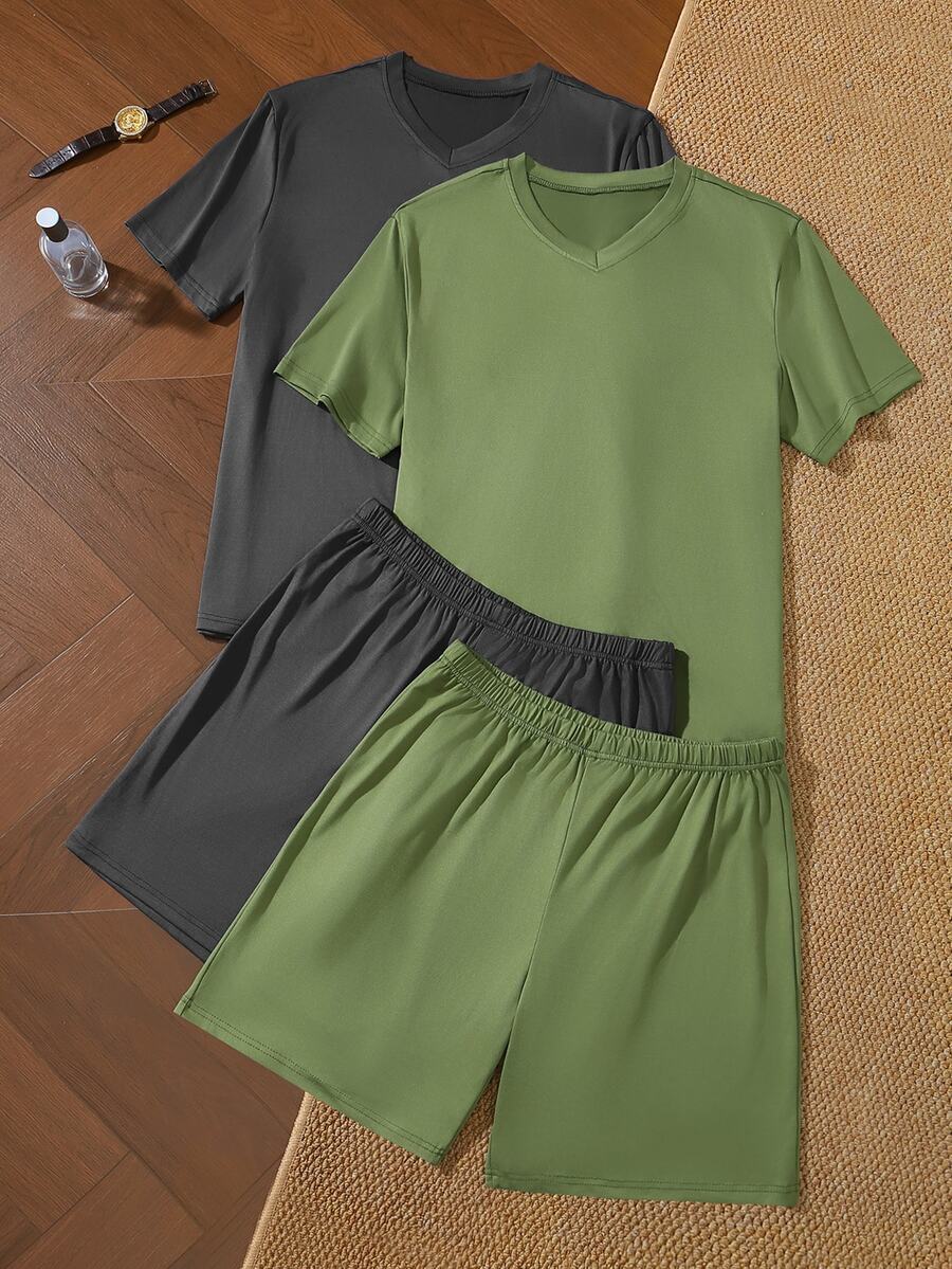 SHEIN 男士極簡短袖上衣與短褲家居服 4 件套 - 彩色 - 查看 1