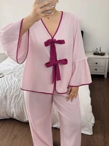 Napfluff CURVE Napfluff CURVE Set Piyama Ukuran Plus dengan Motif Garis-Garis dan Potongan Warna Blok, Lengan Panjang, dan Celana, Cocok untuk Ukuran Besar - Berwarna merah muda - View 6