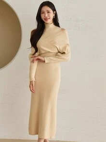 DAZY Women's Solid Color Casual Daily Knit Dress - Apricot - View 3