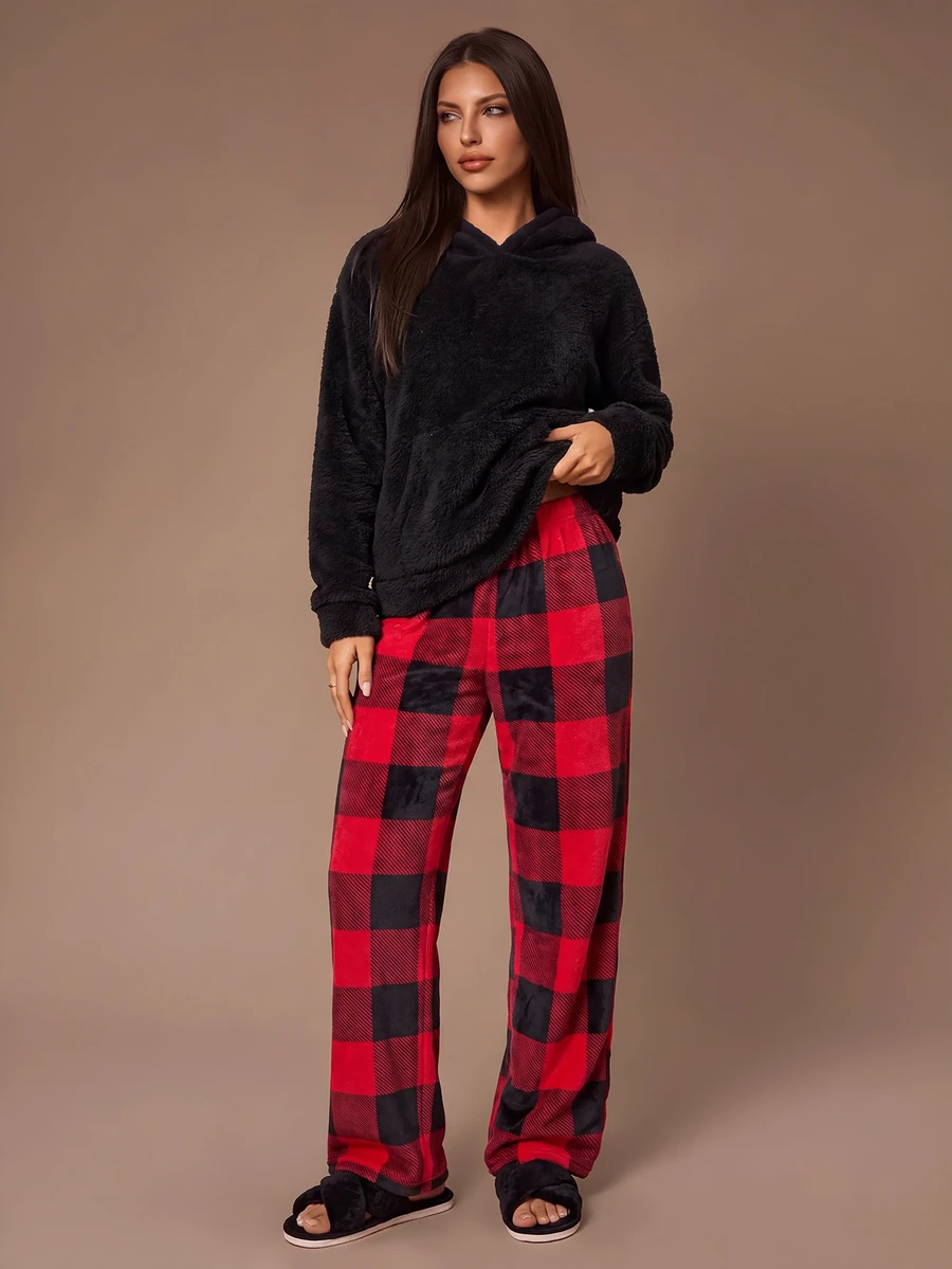 Lazeform American Style Colorblock Plaid Casual Pants With Pure Black Minimalist Top Loungewear Set - Multicolor - View 1