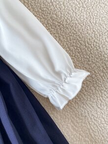 Souflis 1件女嬰秋冬深藍色領口長袖百褶洋裝，復古學院風優雅2合1拼接設計，金色鈕扣裝飾，收腰短洋裝，棉混紡面料，適合春秋日常穿著、旅行、度假、派對及多種場合 - 彩色 - 查看 10
