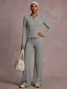 Zivah Women's Striped Button Long Sleeve Top And Drawstring Waist Pants Sportswear Set - Multicolor - View 1