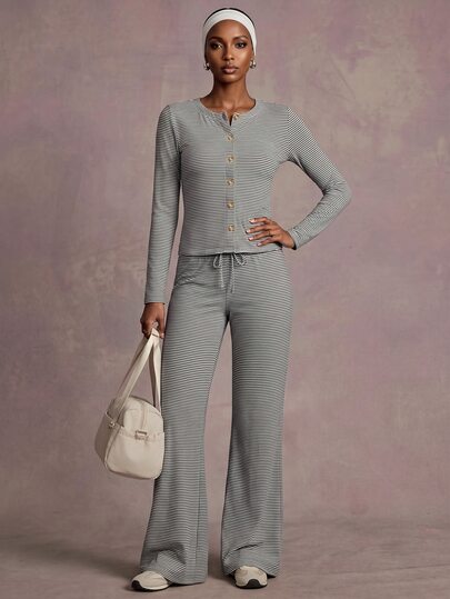 Zivah Women's Striped Button Long Sleeve Top And Drawstring Waist Pants Sportswear Set