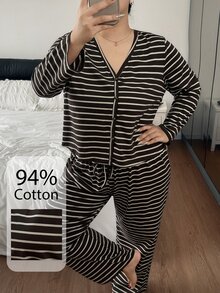 Napfluff CURVE Napfluff CURVE Plus Size Women's Cotton Striped Button-Front Pajama Set, Casual Loungewear - Chocolate Brown - View 1
