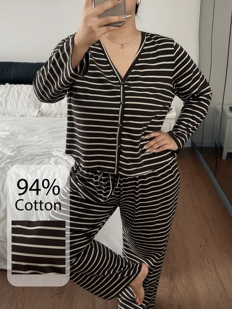Napfluff CURVE Napfluff CURVE Plus Size Women's Cotton Striped Button-Front Pajama Set, Casual Loungewear - Chocolate Brown - View 1