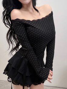 FRIFUL Women's Contrast Lace Polka Dot Print Off-Shoulder Long Sleeve T-Shirt - Black - View 3