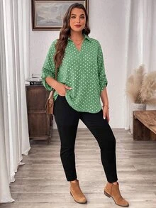 Easowa Curve Plus Size Leopard Print Mid-Sleeve Shirt - Olive Green - View 5