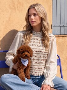 Vivid Eden French Style Boho Romantic Contrast Color Ruffle Trim Stand Collar Blouse, Gentle Floral Striped Short Top With Flared Ruffle Sleeves Brunch Fall - Brown - View 8