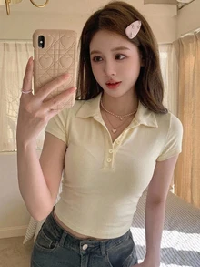 DAZY 女款領口短袖修身性感休閒套頭街頭風T恤 - 杏色 - 查看 4