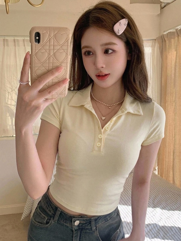 DAZY Women's Collared Short Sleeve Slim Fit Sexy Casual Pullover Streetwear T-Shirt - Apricot - View 4