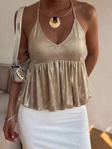 Lavishia Women's Elegant Sexy Party Metal Halter Top, Suitable For Cocktail Party, Holiday, Halter Neck - Gold - View 3