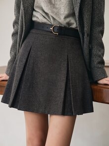 Cévolie Rok Wanita Model Baru Warna Abu-abu Gelap Terbuat dari Kain Mirip Wol, Cocok untuk Musim Gugur dan Musim Dingin, Baik untuk Bepergian Maupun Pemakaian Sehari-hari. - Dark Grey - View 1
