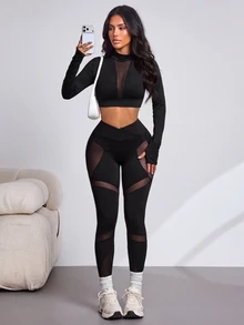 Slayform طقم رياضي نسائي من تي شيرت قصير بأكمام طويلة من الشبك بلون موحد متباين مع بنطال ليقنز - الأسود - مشاهدة 1