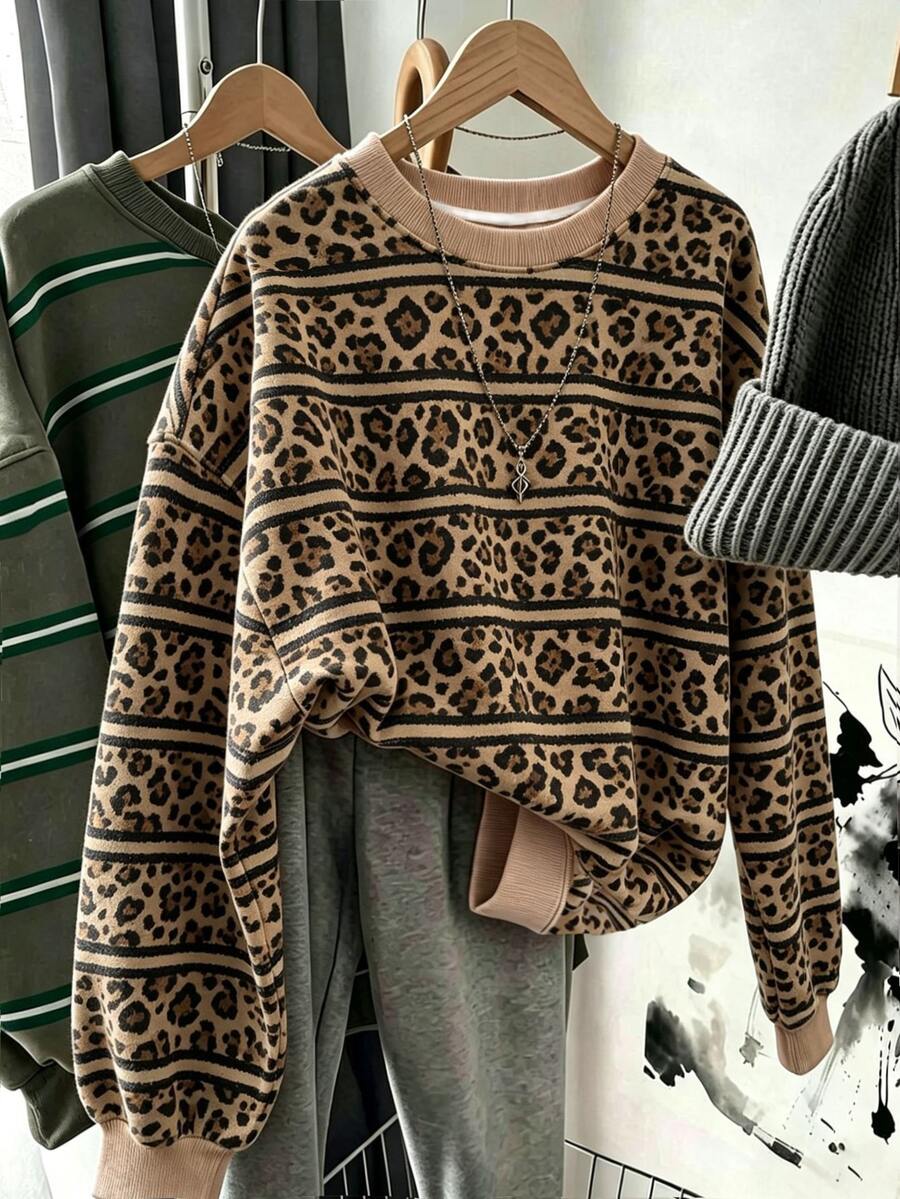 Resyla 女款大尺碼外套上衣,秋冬新品,豹紋,棕色,度假穿搭,女款圓領運動衫秋季 - 彩色 - 查看 1