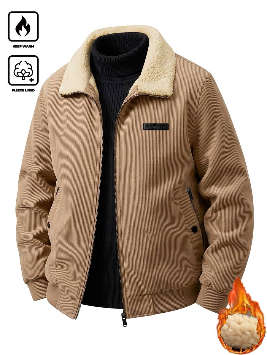 Manfinity CasualCool Men's Denim Zipper & Patch Long Sleeve Padded Coat - Khaki - View 1