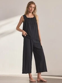 Ocili 女款純色上衣與長褲休閒日常居家服套裝 - 黑色 - 查看 2