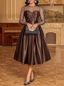 Fleurora فستان ميدي كاجوال للحفلات للنساء بتصميم شبكي مرقع ومكسر - بني - مشاهدة 5