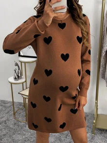 SHEIN 愛心印花 H 型孕婦毛衣 情人節款 - 棕色 - 查看 1