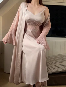 Dazy Plus Patchwork Camisole Maxi Dress Loose Long Cardigan Home Wear Elegant Pajama Set - Pink - View 2