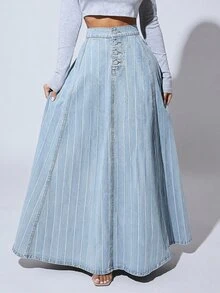 SHEIN SXY Women's Striped Waist Button Placket Casual Denim Skirt - Blue and White - View 1