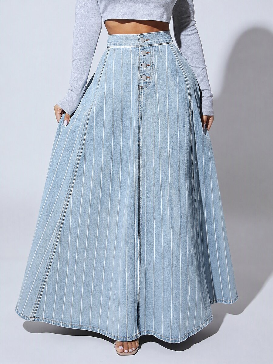 SHEIN SXY Women's Striped Waist Button Placket Casual Denim Skirt - Blue and White - View 1