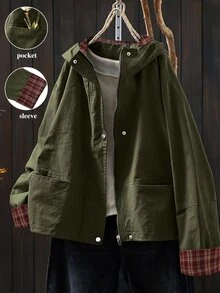 SHEIN LUNE 大尺碼女款長袖前拉鍊連帽寬鬆休閒夾克 - 軍綠色 - 查看 1