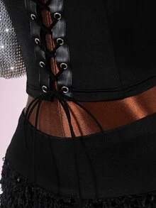 Amplova Women's Solid Color Eyelet Tie Design Bandeau Top And Fluffy Bodycon Skirt Sexy Fashion 2 Pieces Set - Black - View 7