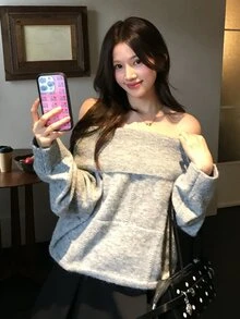 DAZY Women's Off-Shoulder Korean Style Long Sleeve Autumn/Winter Elegant Sweater - Grey - View 7