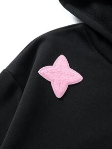 SHEIN 1件青少年男孩寬鬆休閒極簡高街設計 3D毛巾刺繡拼接多彩多圖案套頭衛衣，舒適面料，獨特版型，秋冬新款，適合多種場合 - 黑色 - 查看 4